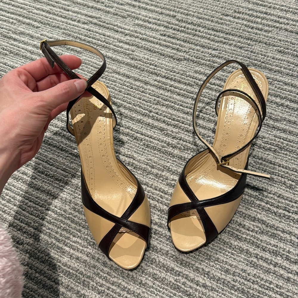 Brooks Brothers: open toe ankle strap heel